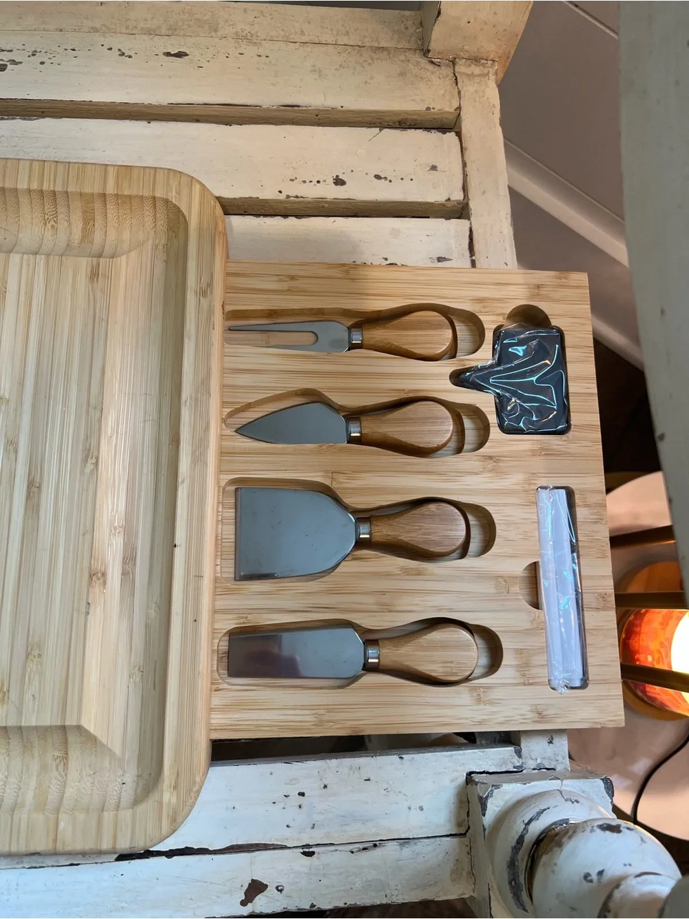 Charcuterie Bamboo Serving Tray with utensils, chalk pens and board signs NWOT